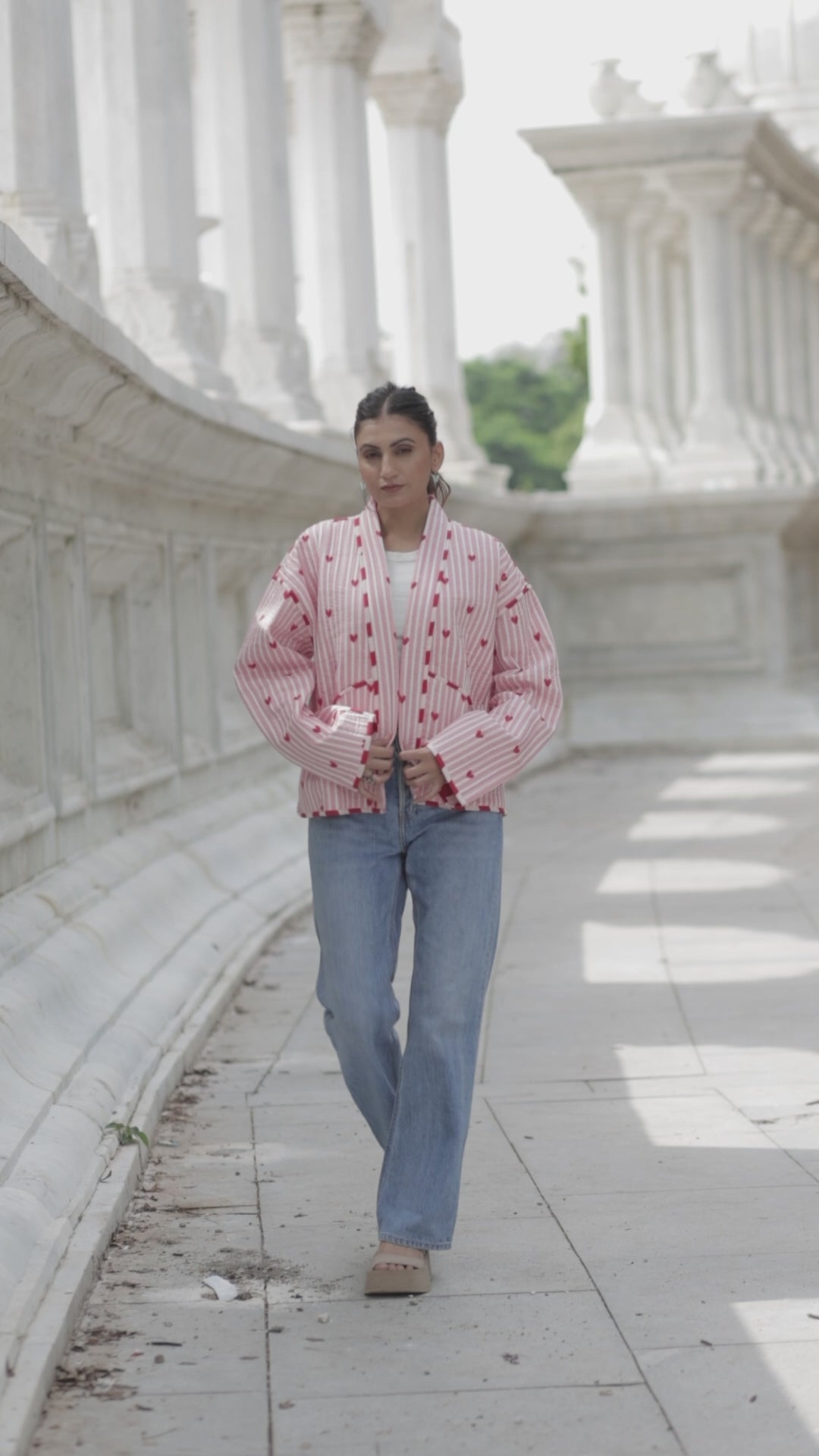 Quilted Pure Cotton Autumn Winter Jacket for Women | Quirky Handmade Boho Short Coat Pink Stripe, Heart Print Anniversary Love Gift for Her