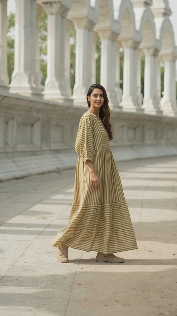 Women Cotton Maxi Dress, Hand Block Printed Stripes Dress, Boho Chic Flowy Gown, Long Sleeves With Pockets, Flowy Sustainable Gift For Her