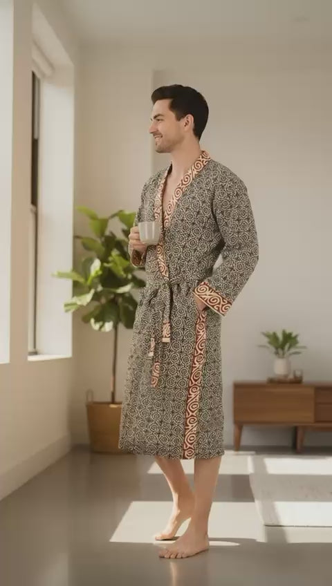 Pure Cotton Handblock Men Kimono | Indian Printed Man House Robe, Boho Beach Coverup Dressing Gown, Lightweight Loungewear, Gift For Him Dad