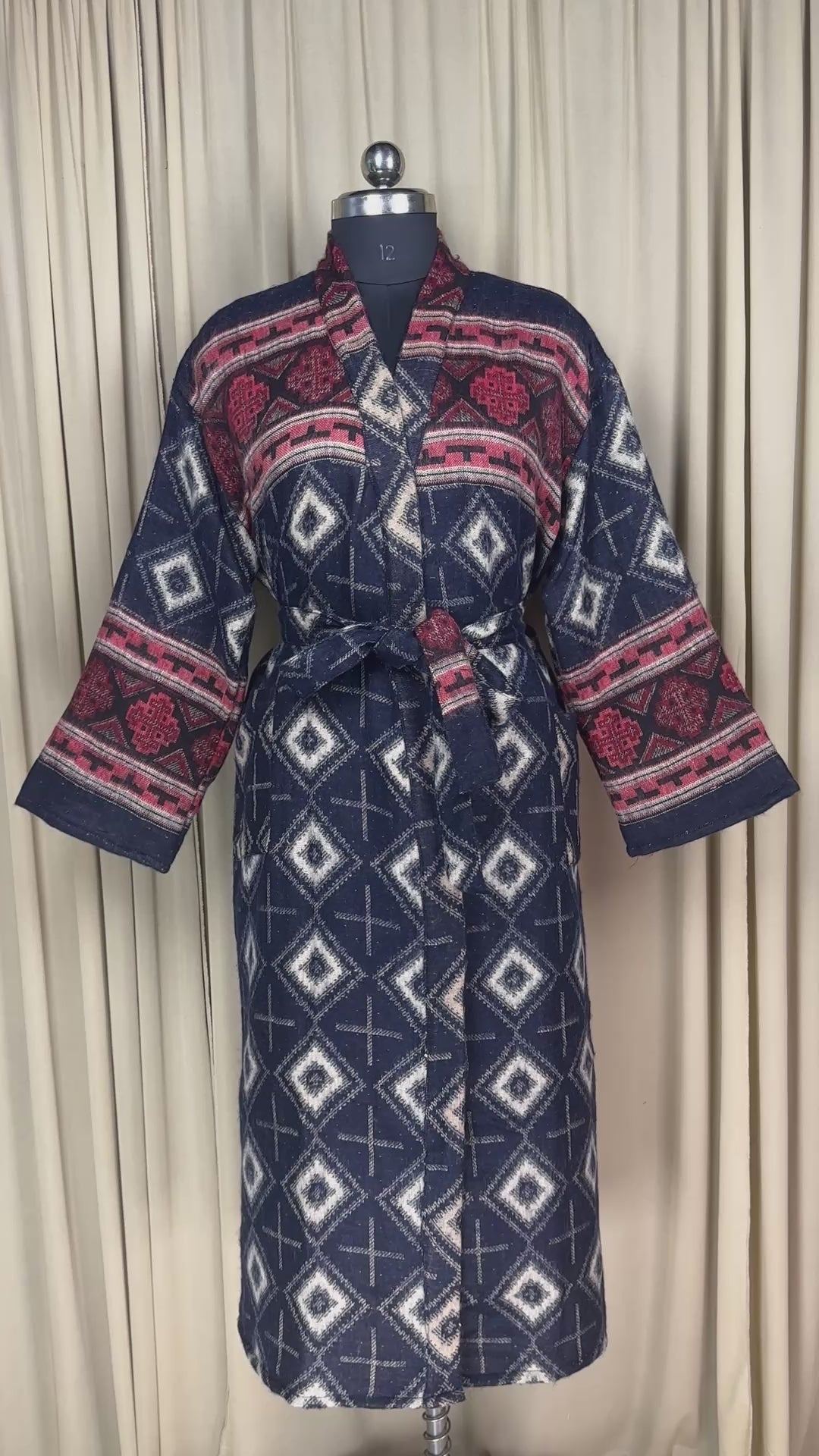 Yak Wool Blend Women Kimono Robe, Cozy Winter Romance Loungewear, Blue Diamond Print Cardigan House Coat with Pockets, Quirky Christmas Gift