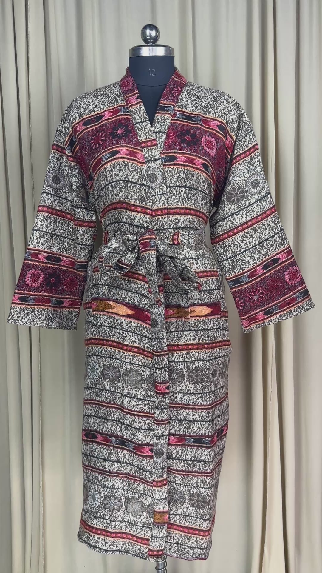 Yak Wool Blend Kimono Robe: Maroon Floral Print, Warm Winter Wear