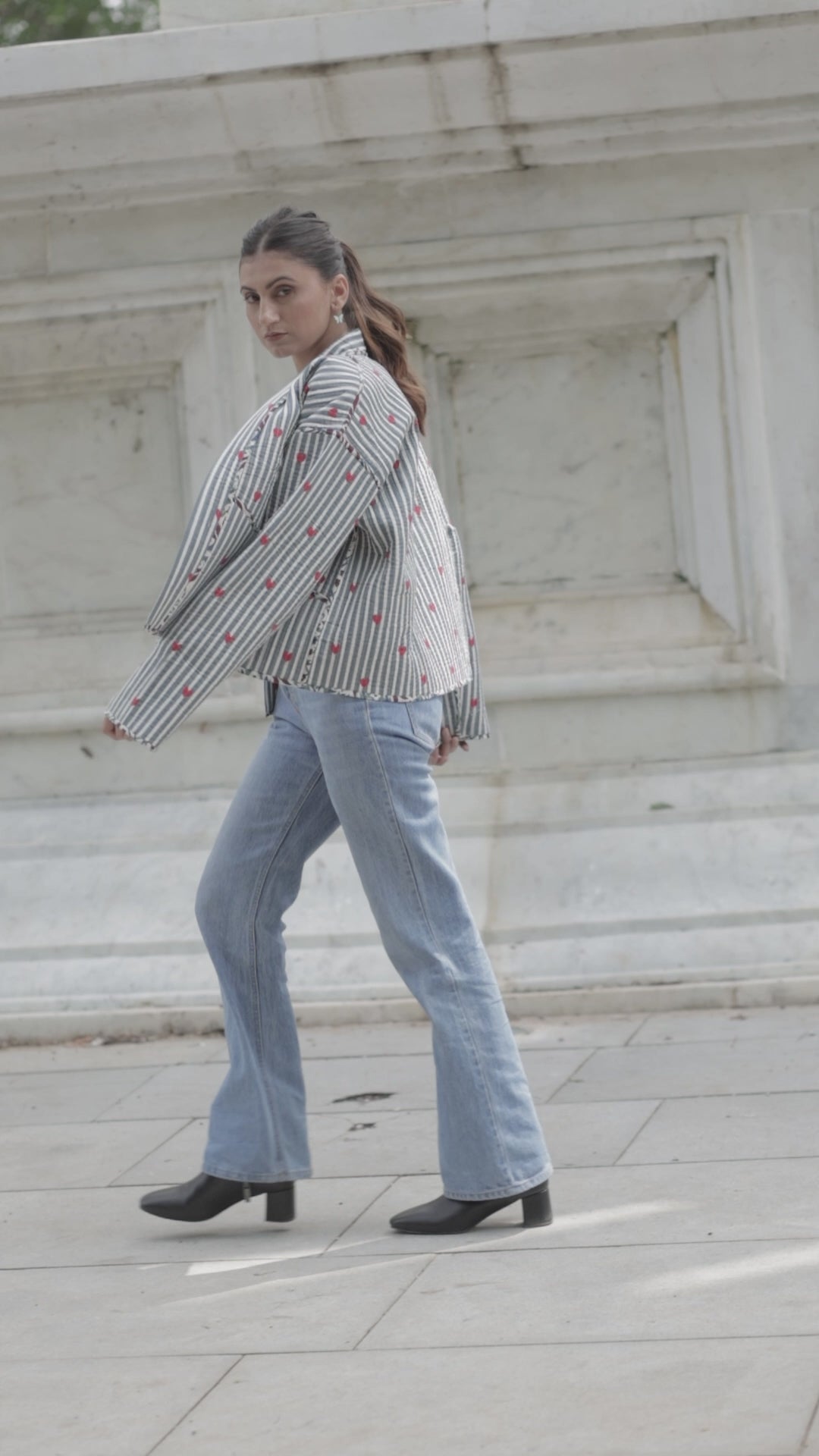 Quilted Short Bohemian Jacket for Women | Quirky Handmade Gray White Heart Print | Front Open Cotton Jacket | Anniversary  Love Gift for Her