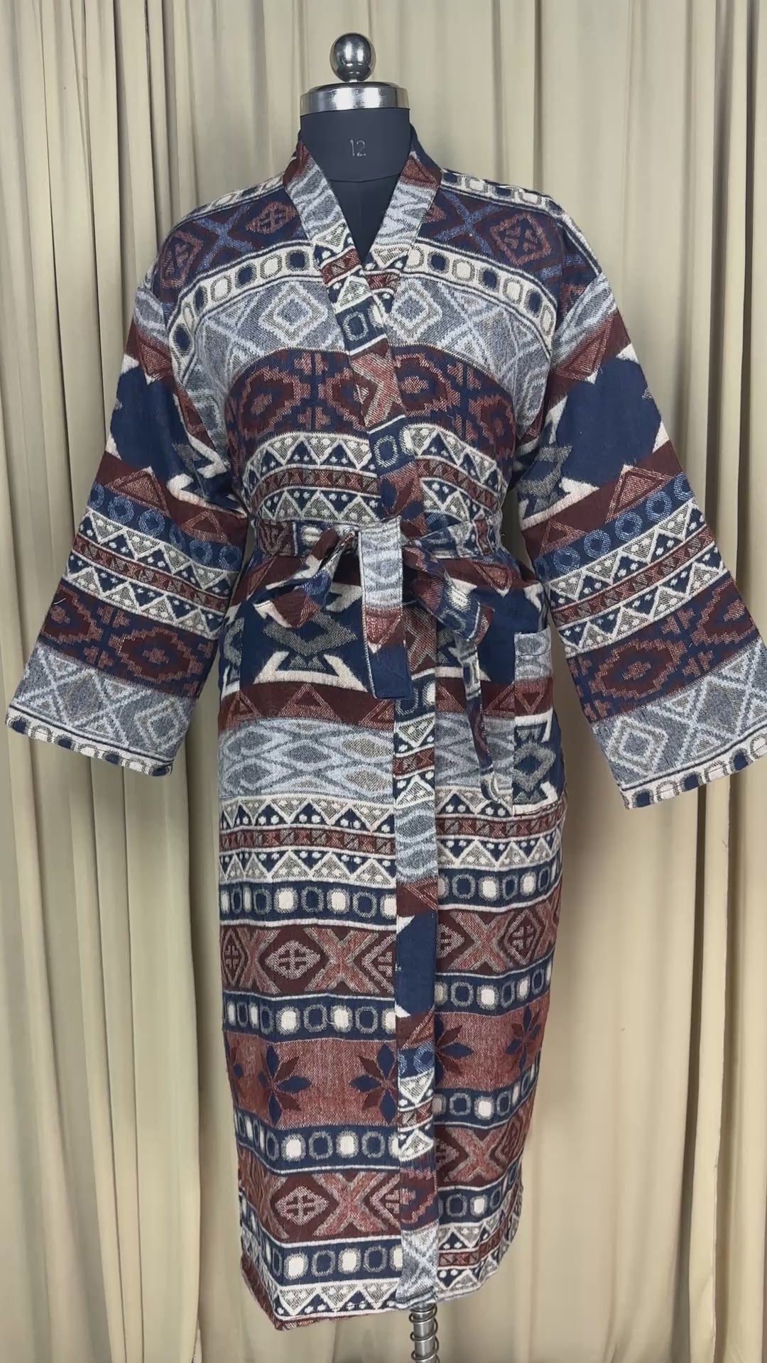 Yak Wool Blend Women Kimono Robe, Cozy Warm Winter Romance Loungewear, Blue Diamond Print Cardigan House Coat with Pockets, Quirky Christmas Gift