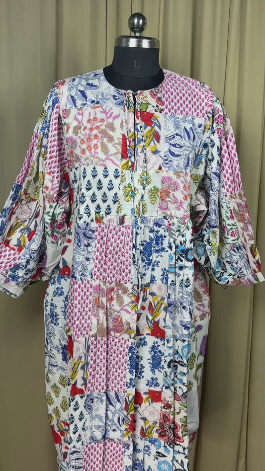 White Patchwork Cotton Dress: Hand-Stitched Block Print, Fits XXL