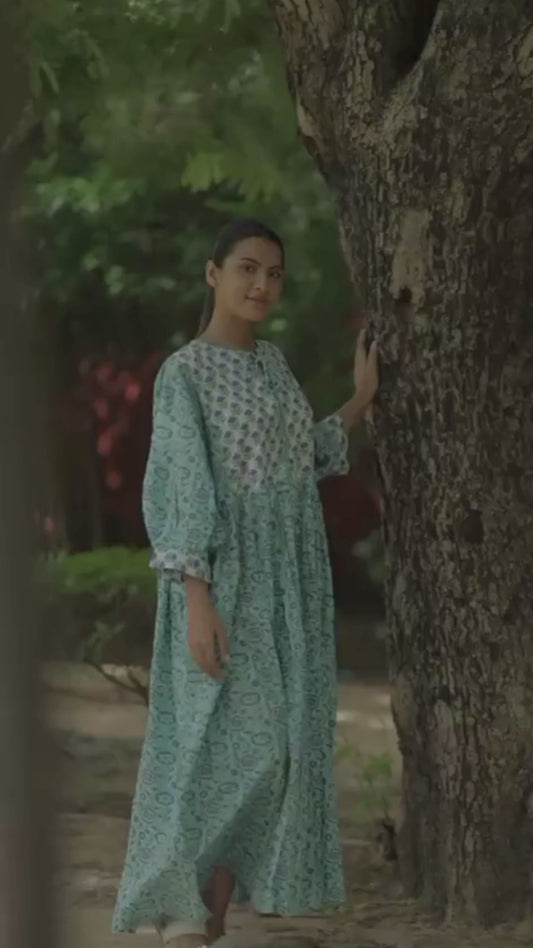 Women Cotton Maxi Dress, Hand Block Printed Floral Dress, Boho Chic Flowy Gown, Long Sleeves With Pockets, Flowy Sustainable Gift For Her