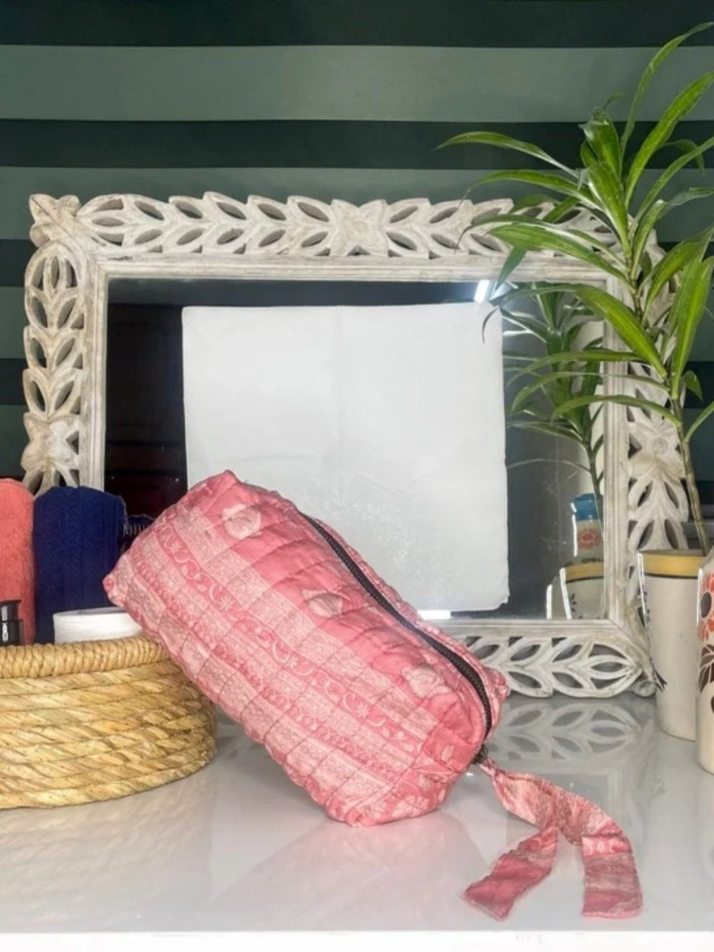 block-printed Silk Toiletry Bag Set of 3 in paisley