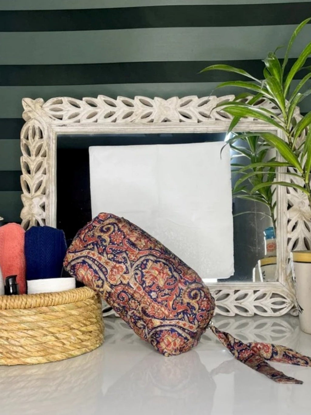 block-printed Silk Toiletry Bag Set of 3 in paisley