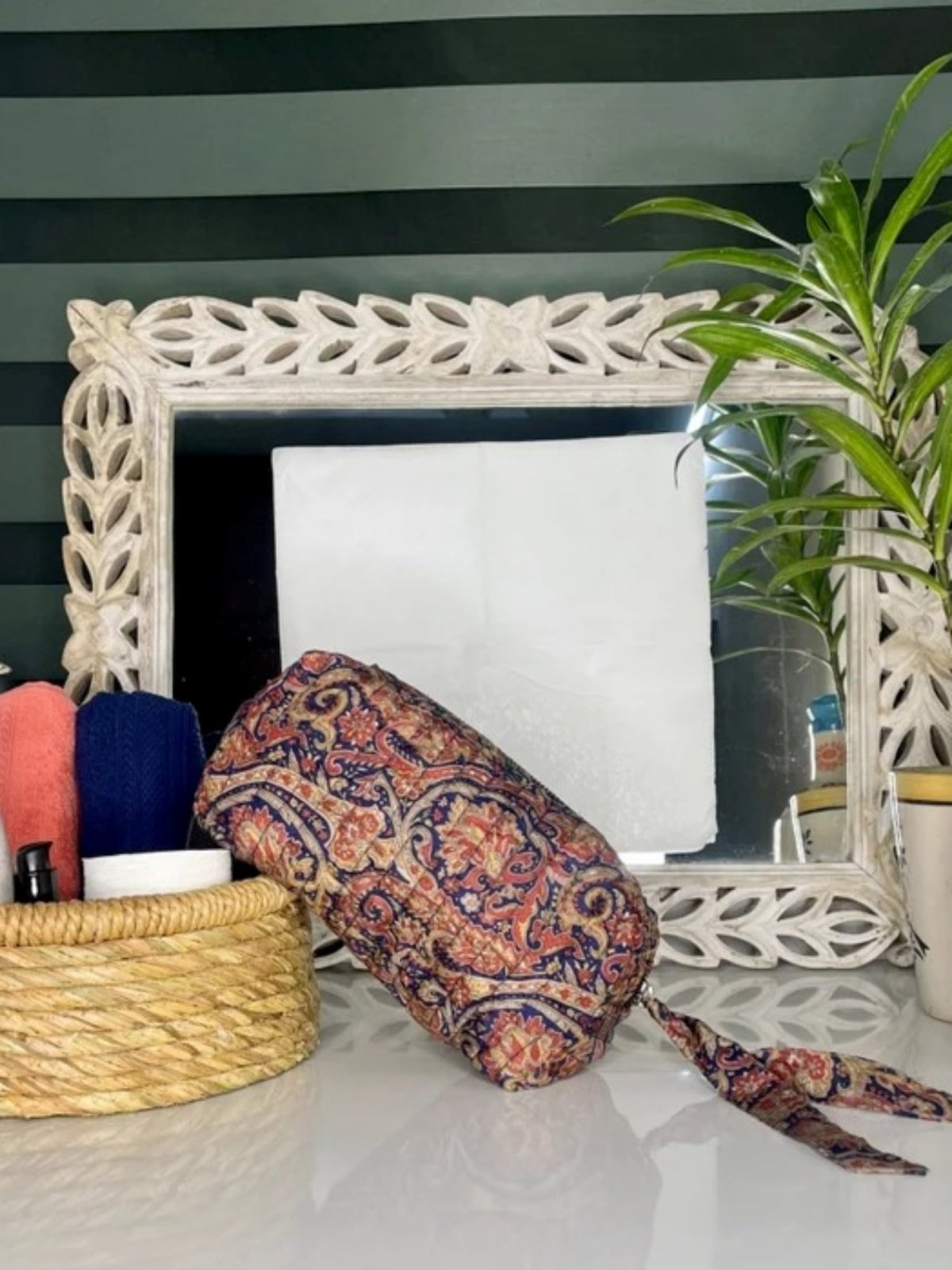 block-printed Silk Toiletry Bag Set of 3 in paisley