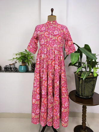 Beautiful Summer Cotton Dress,Hand Print Hand Block Tops, Cotton Indian Flapper/Sketer Wear, Circle Boho Small Size