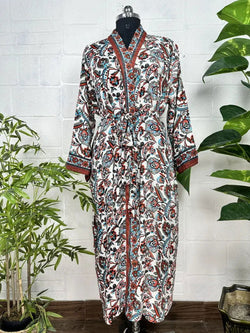 Women's Silk Kimono Robe in white brown floral