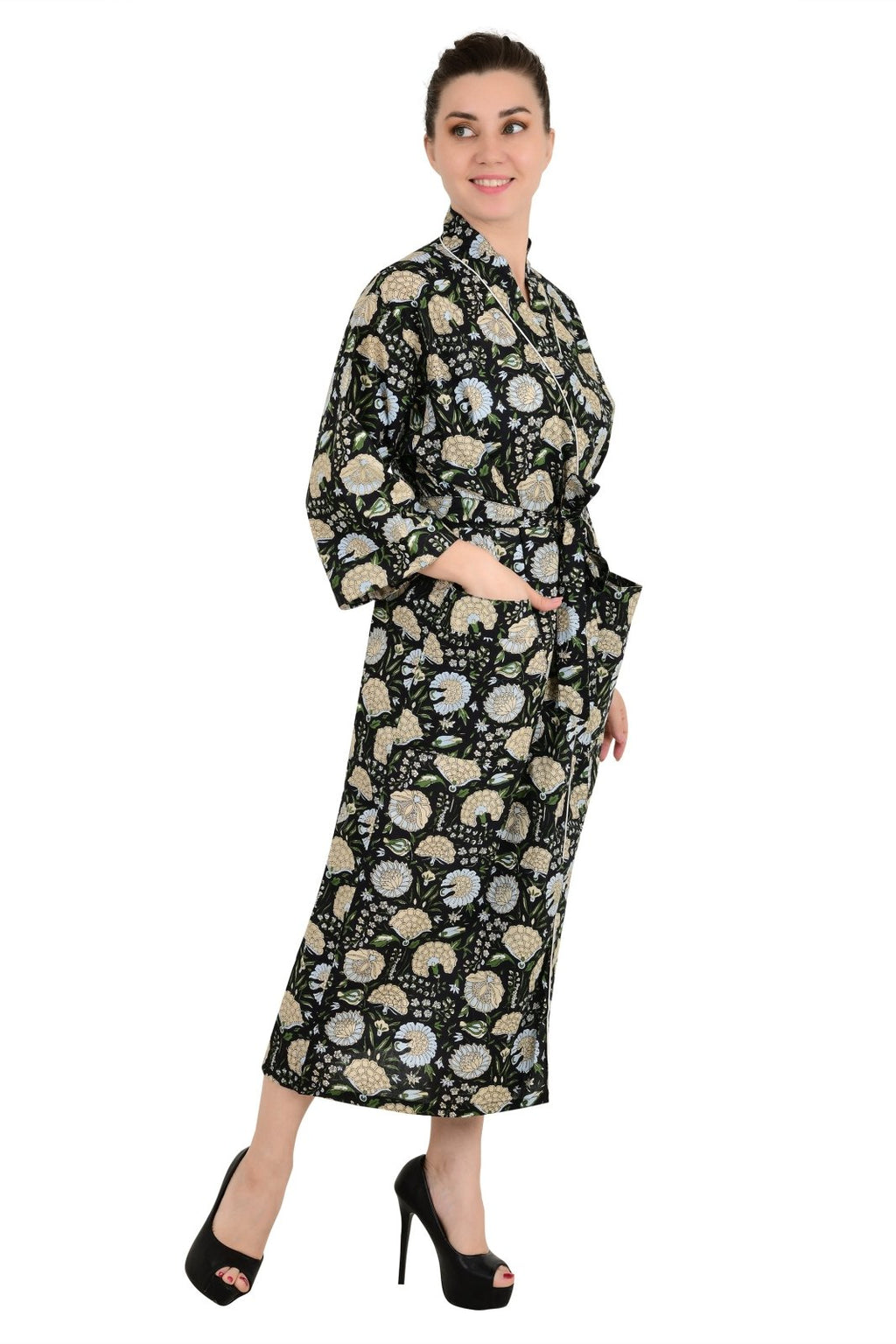 block-printed Cotton Kimono Robe in botanical