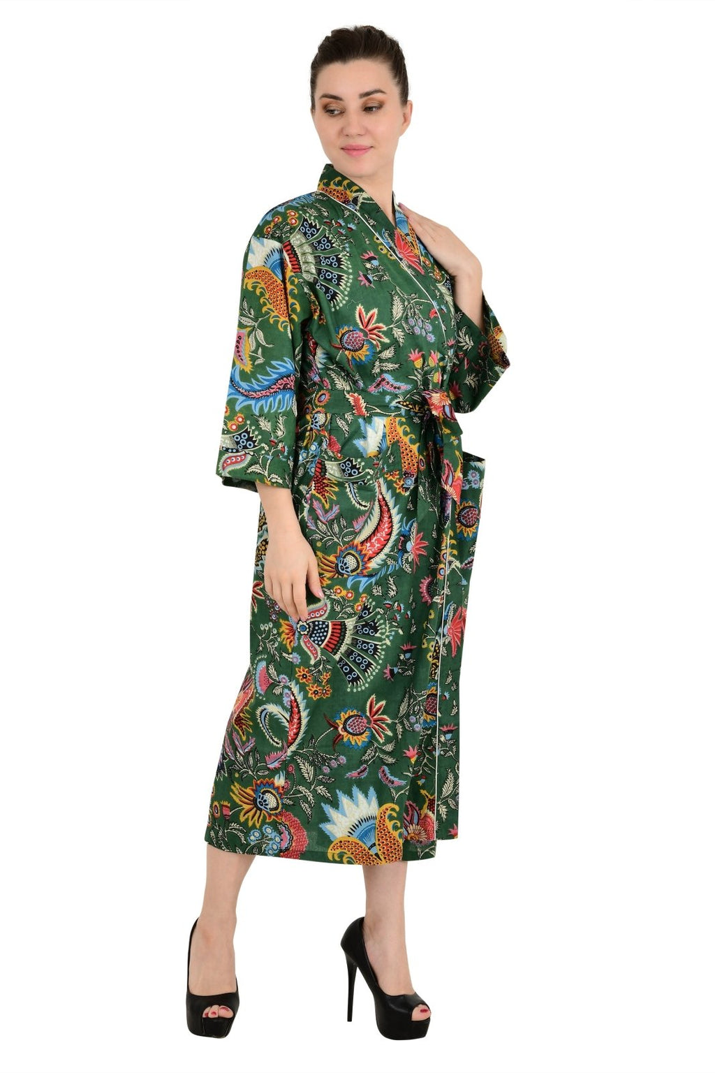 block-printed Cotton Kimono Robe in botanical