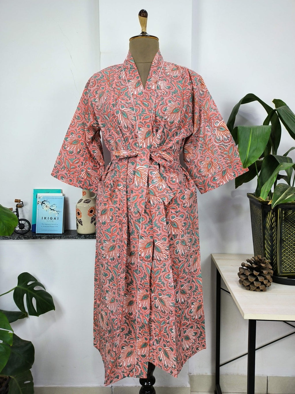 block-printed Cotton Kimono Robe in botanical