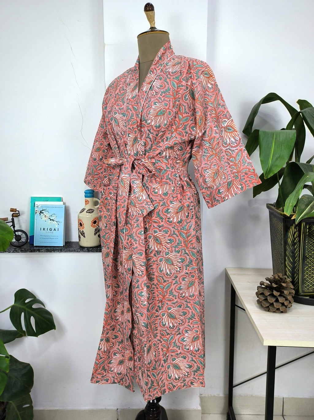 block-printed Cotton Kimono Robe in botanical