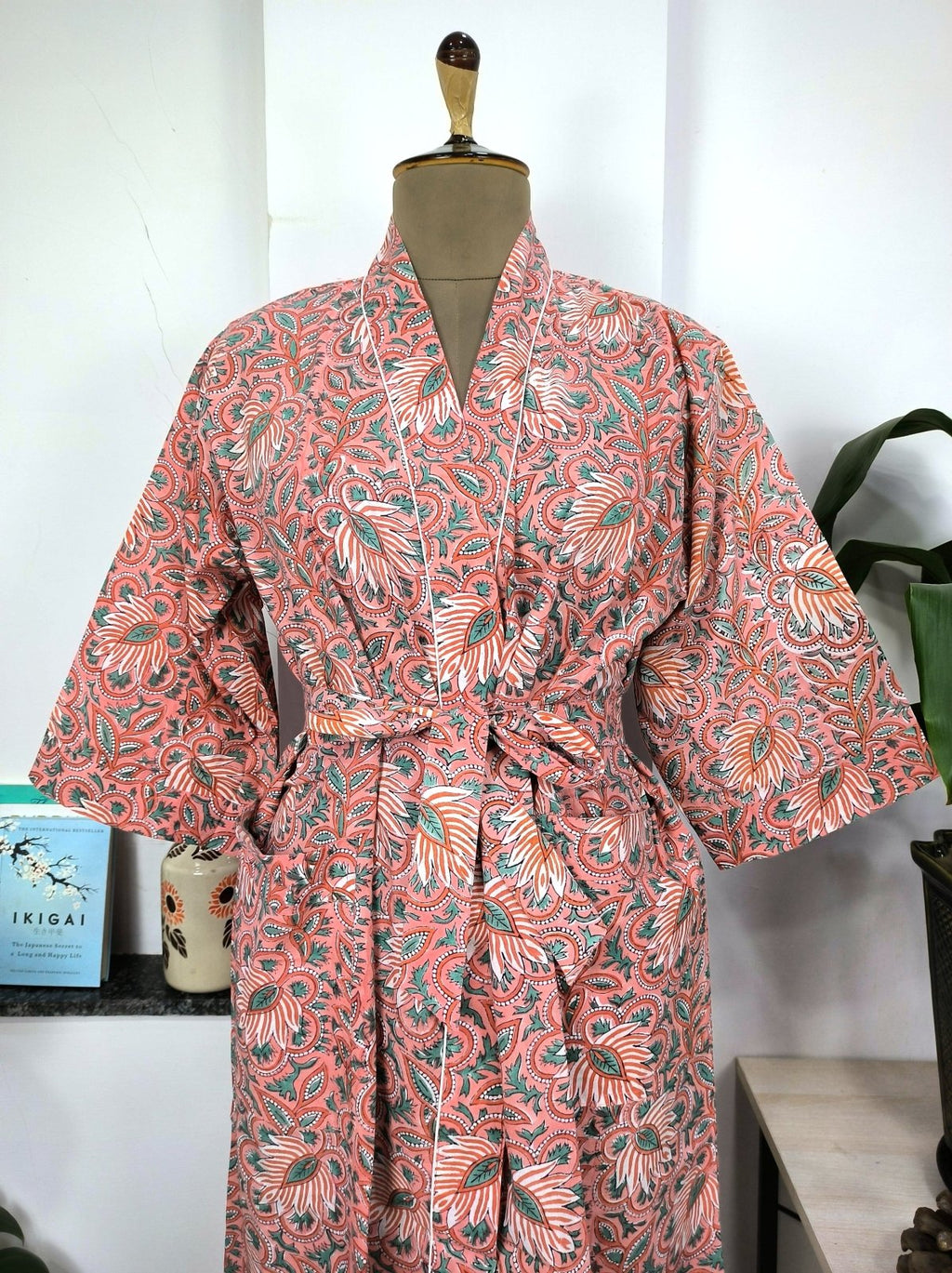 block-printed Cotton Kimono Robe in botanical