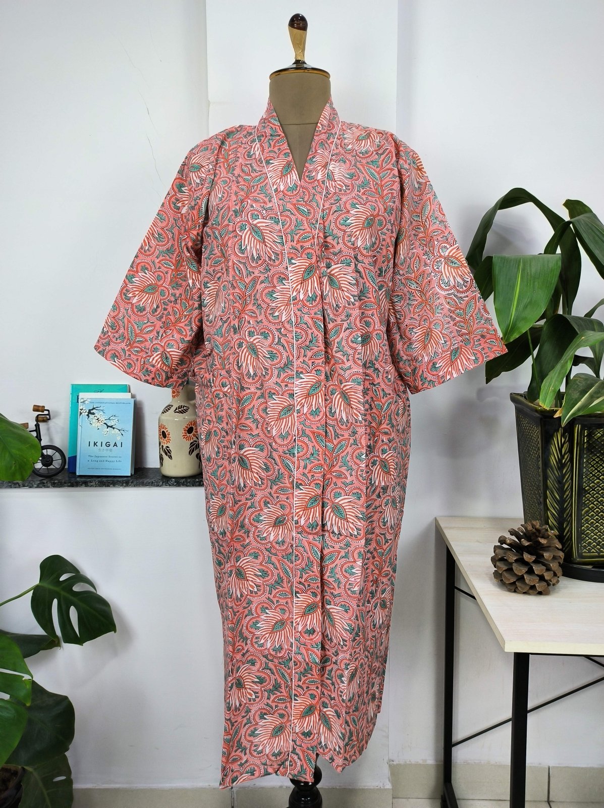 block-printed Cotton Kimono Robe in botanical