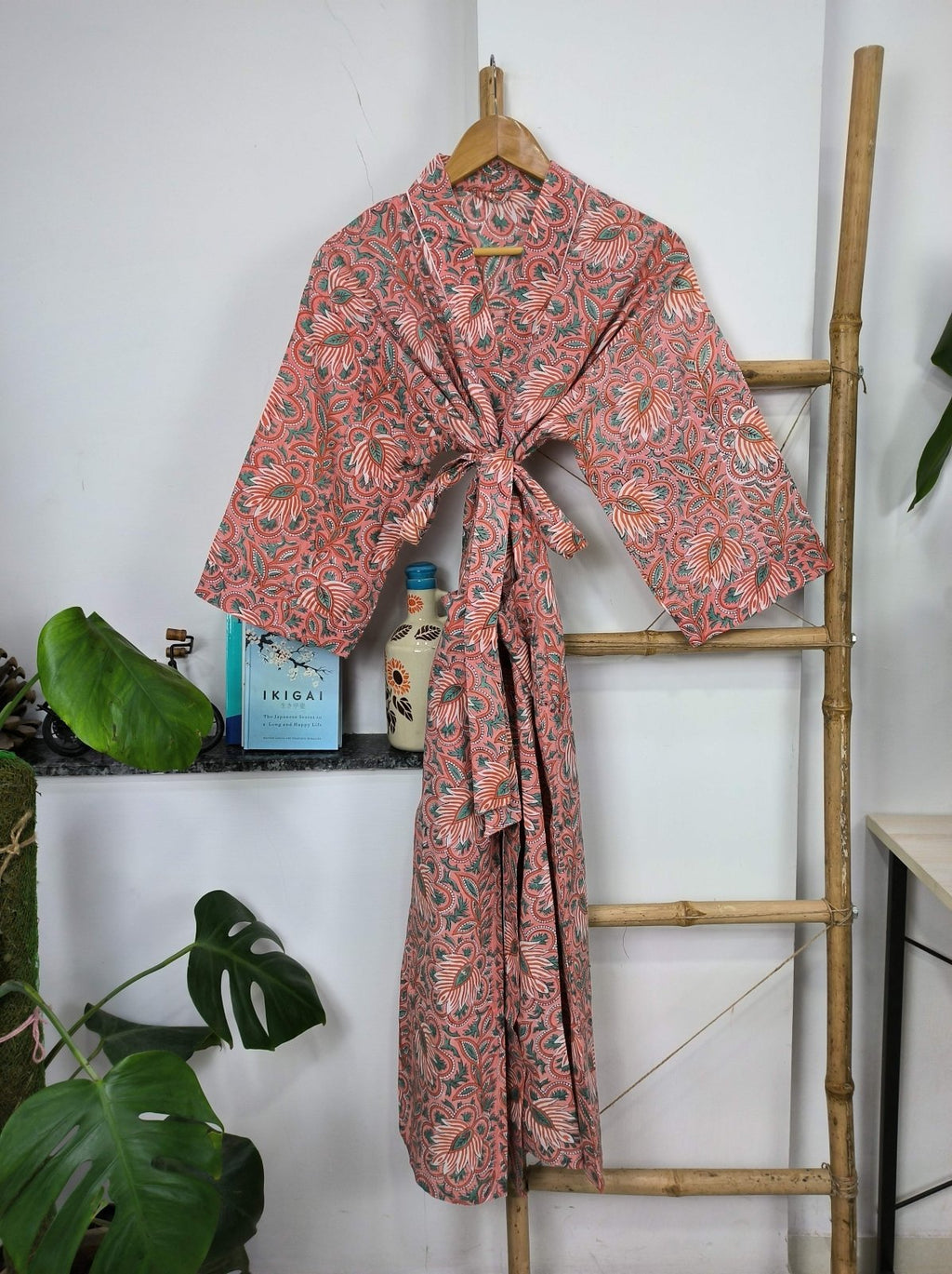 block-printed Cotton Kimono Robe in botanical