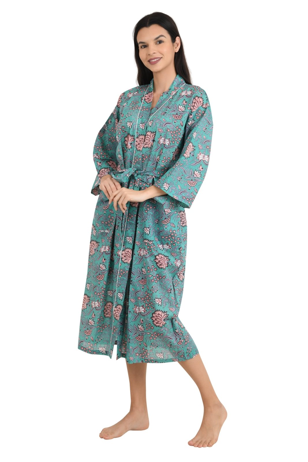 block-printed Cotton Kimono Robe in floral