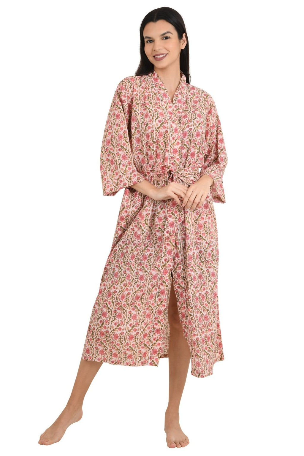 block-printed Cotton Kimono Robe in floral