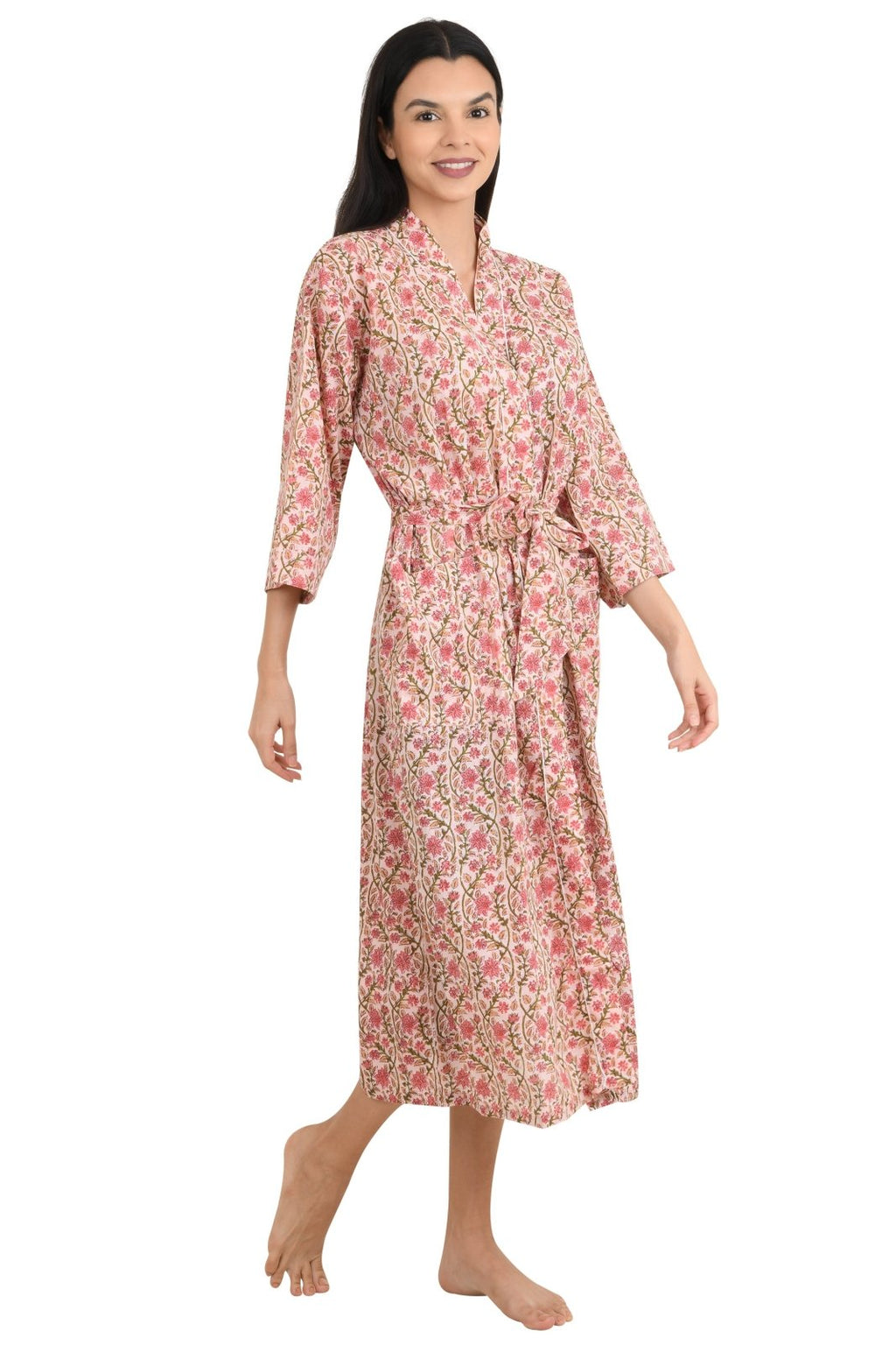 block-printed Cotton Kimono Robe in floral