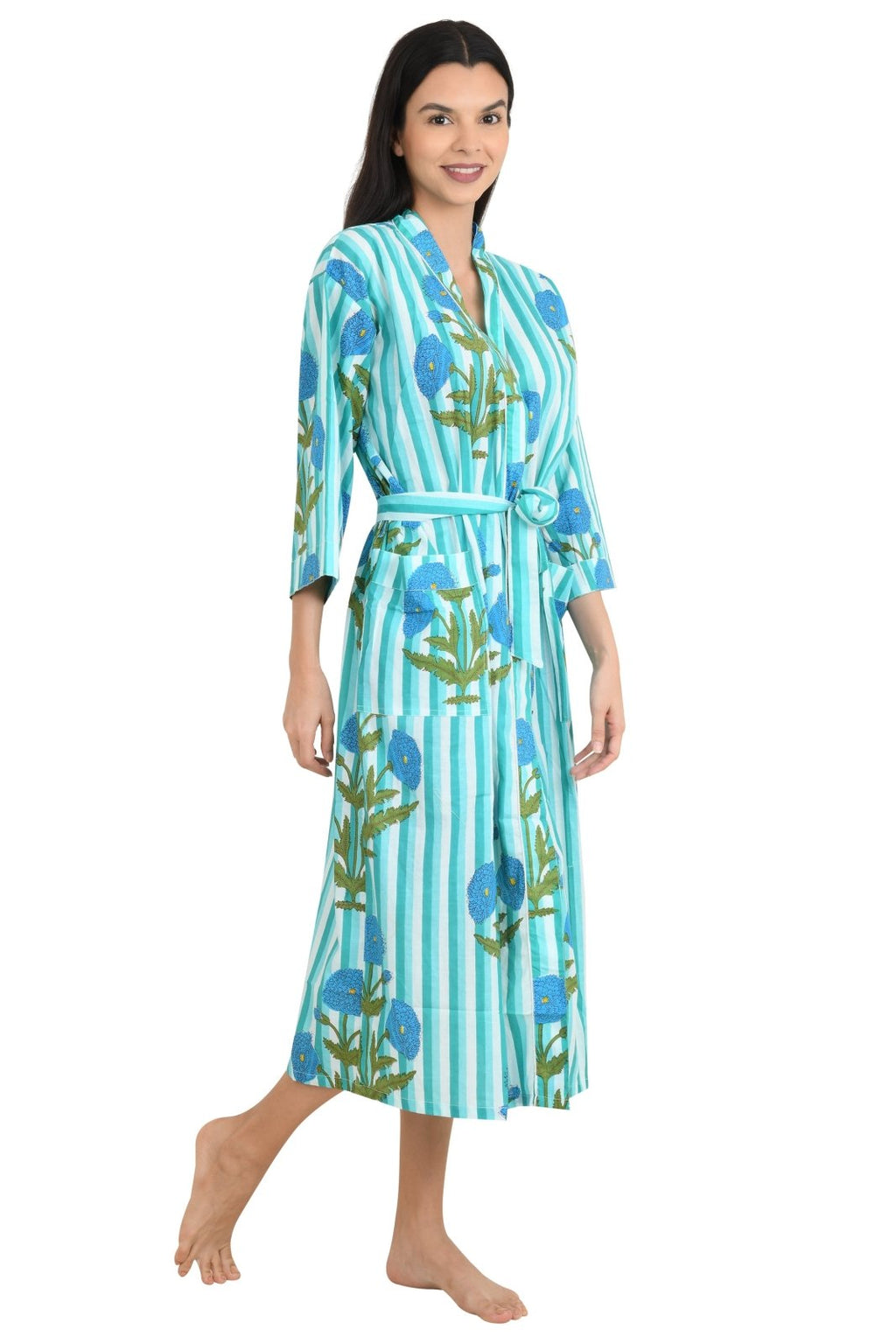 block-printed Cotton Kimono Robe in floral