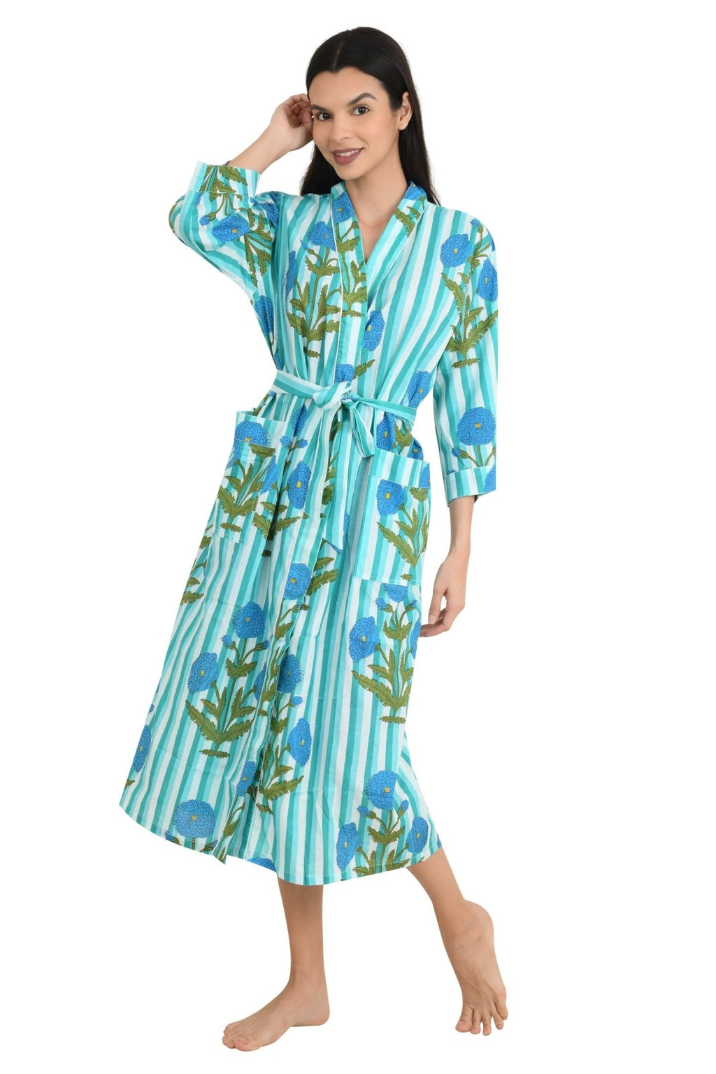 block-printed Cotton Kimono Robe in floral