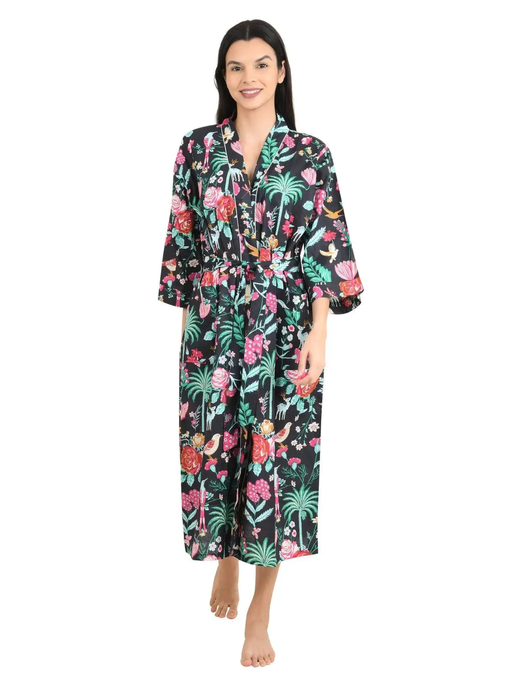 block-printed Cotton Kimono Robe in floral
