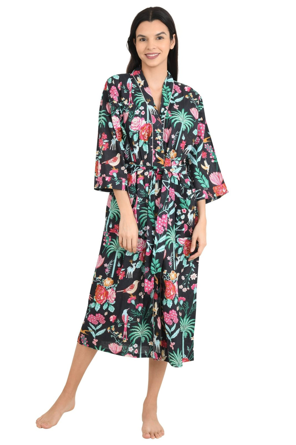 block-printed Cotton Kimono Robe in floral
