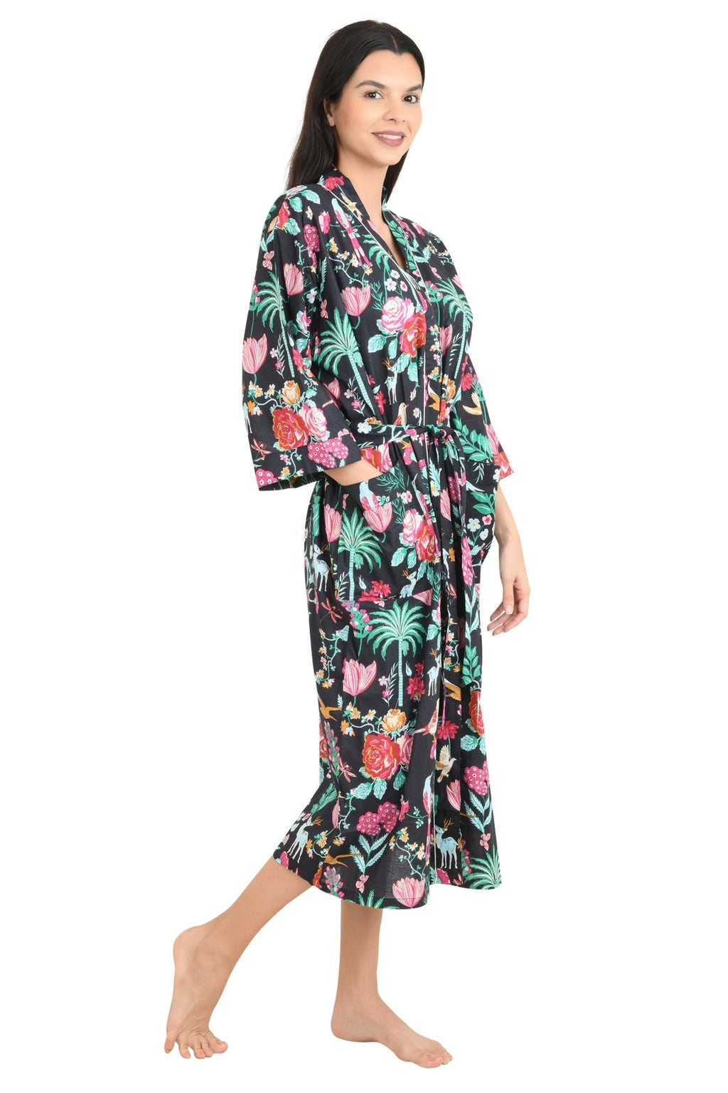 block-printed Cotton Kimono Robe in floral