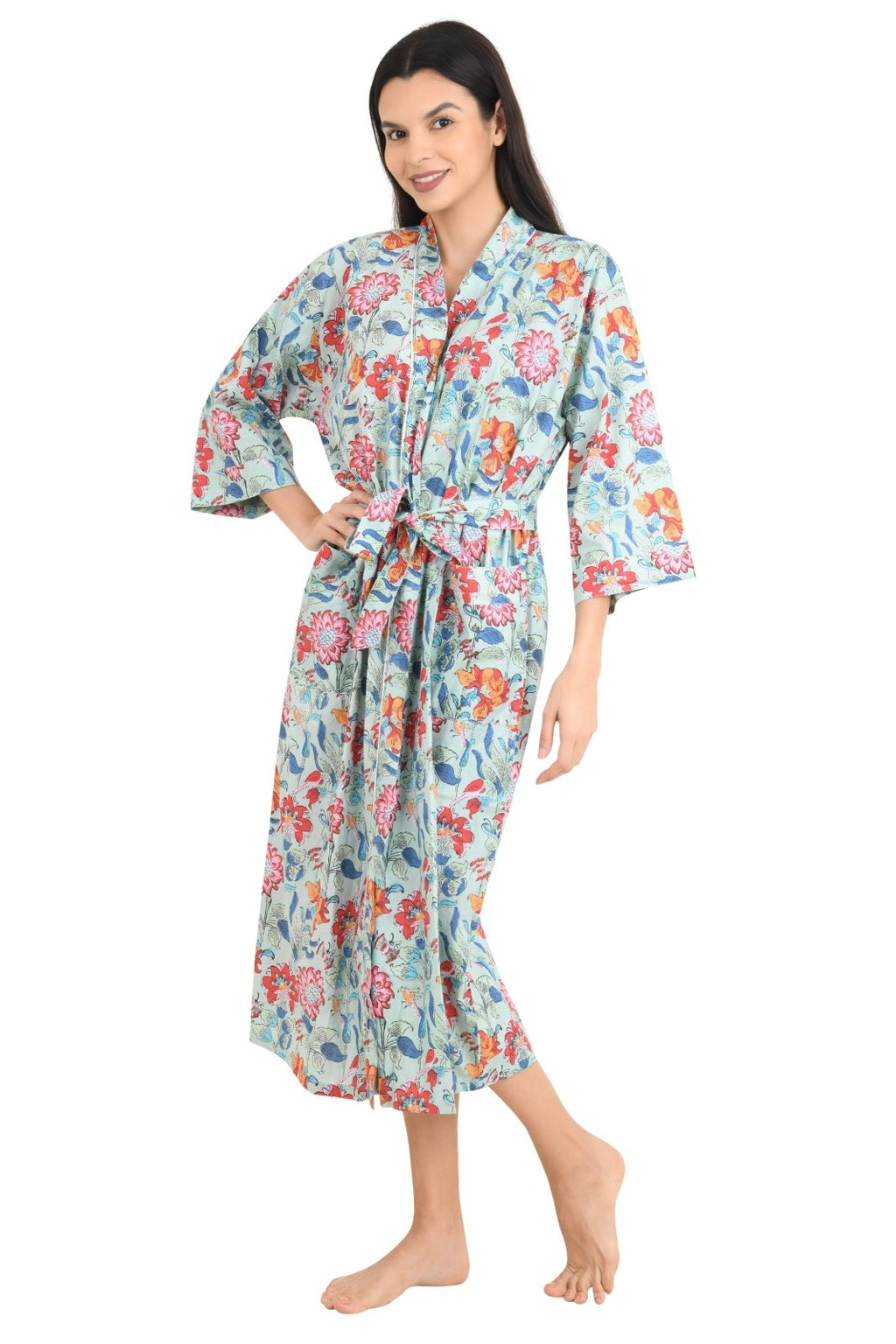 block-printed Cotton Kimono Robe in floral