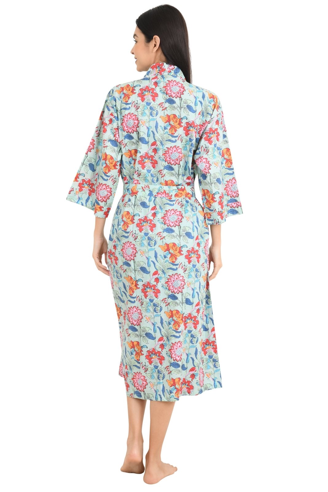 block-printed Cotton Kimono Robe in floral