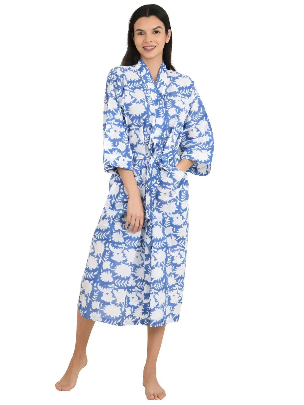 block-printed Cotton Kimono Robe in floral