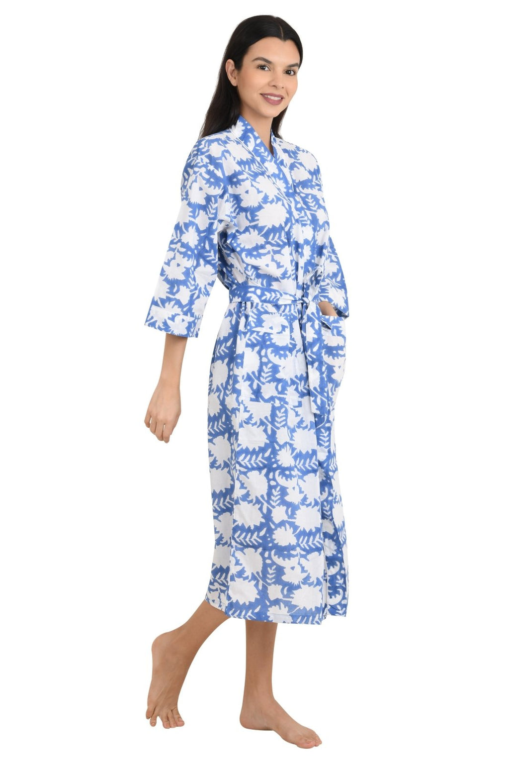 block-printed Cotton Kimono Robe in floral