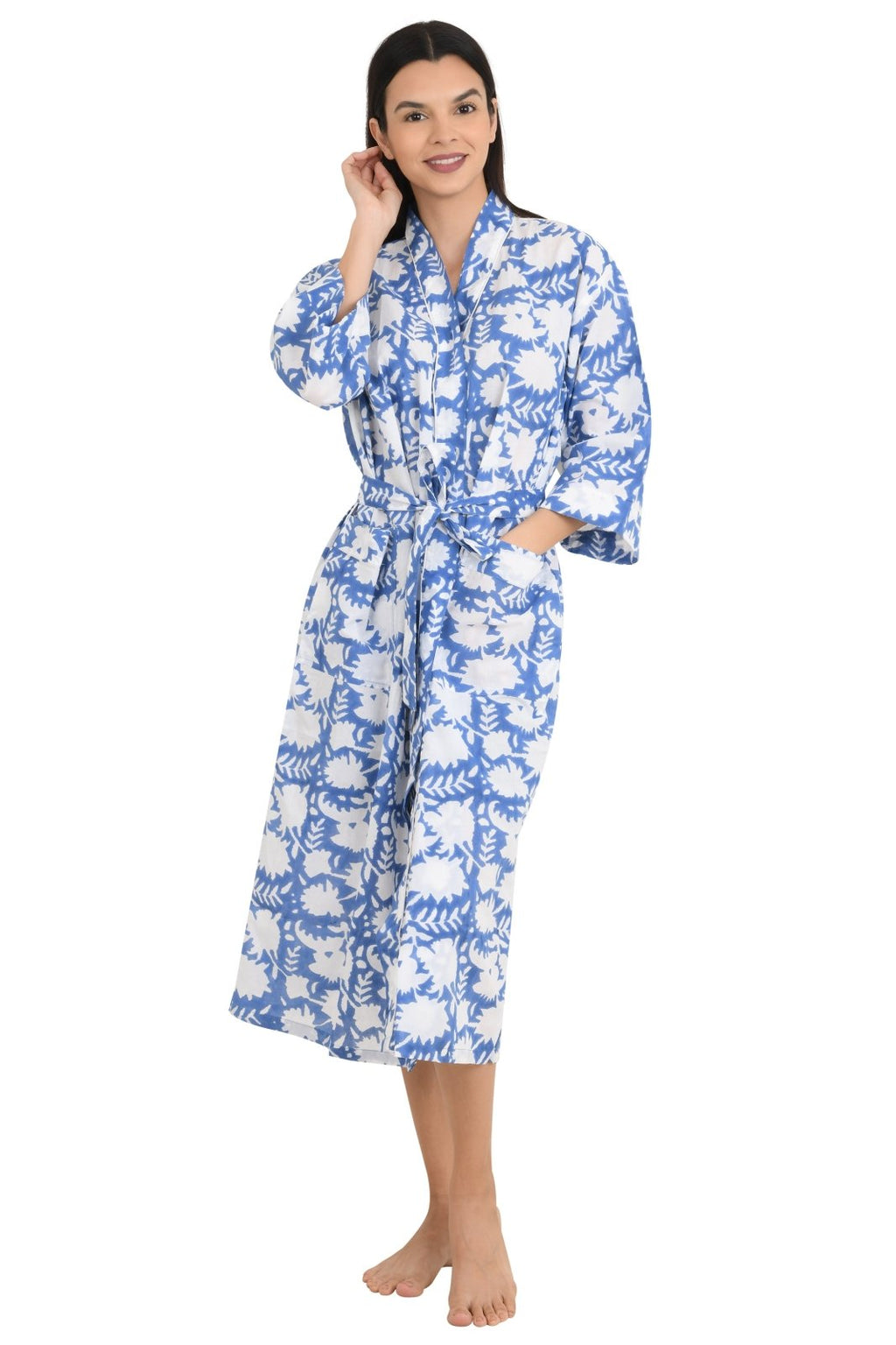 block-printed Cotton Kimono Robe in floral