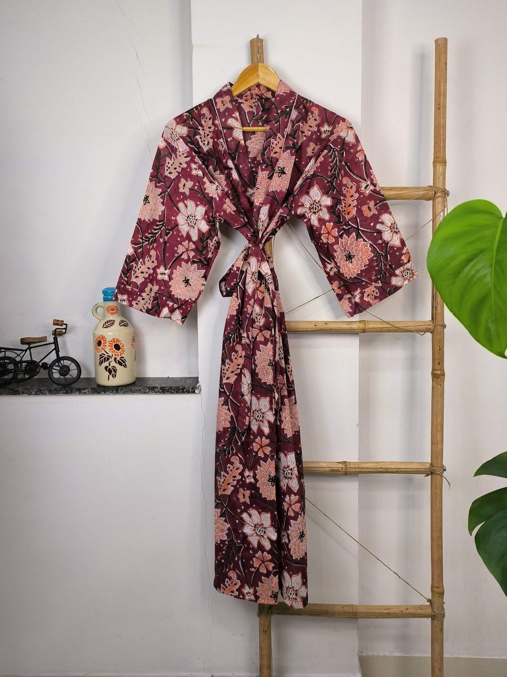 block-printed Cotton Kimono Robe in floral