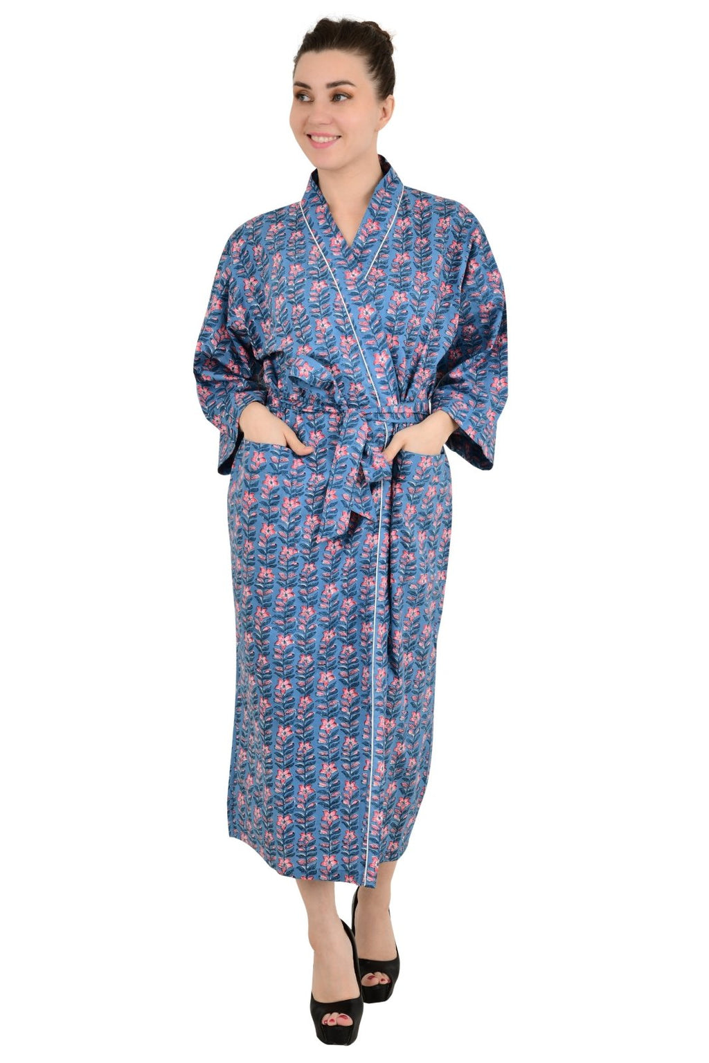 block-printed Cotton Kimono Robe in floral