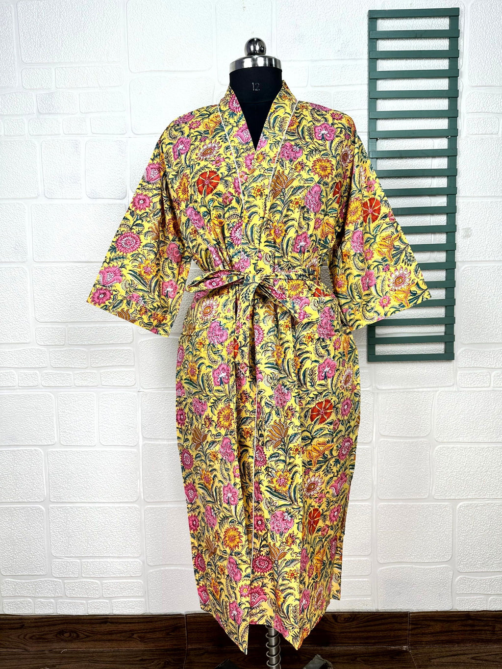 block-printed Cotton Kimono Robe in floral