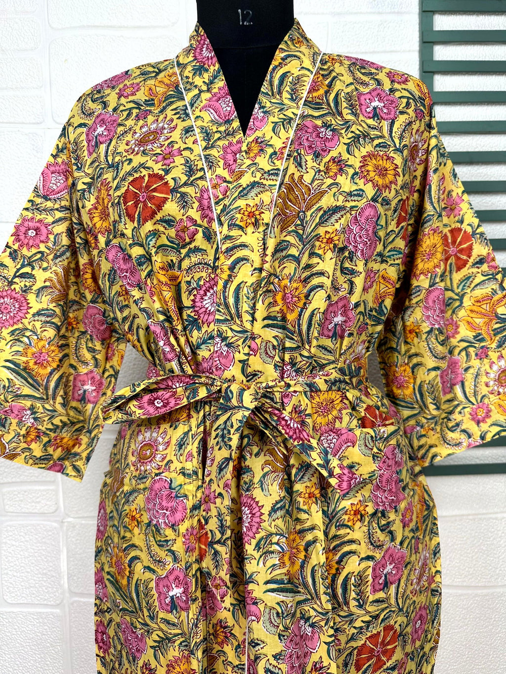 block-printed Cotton Kimono Robe in floral