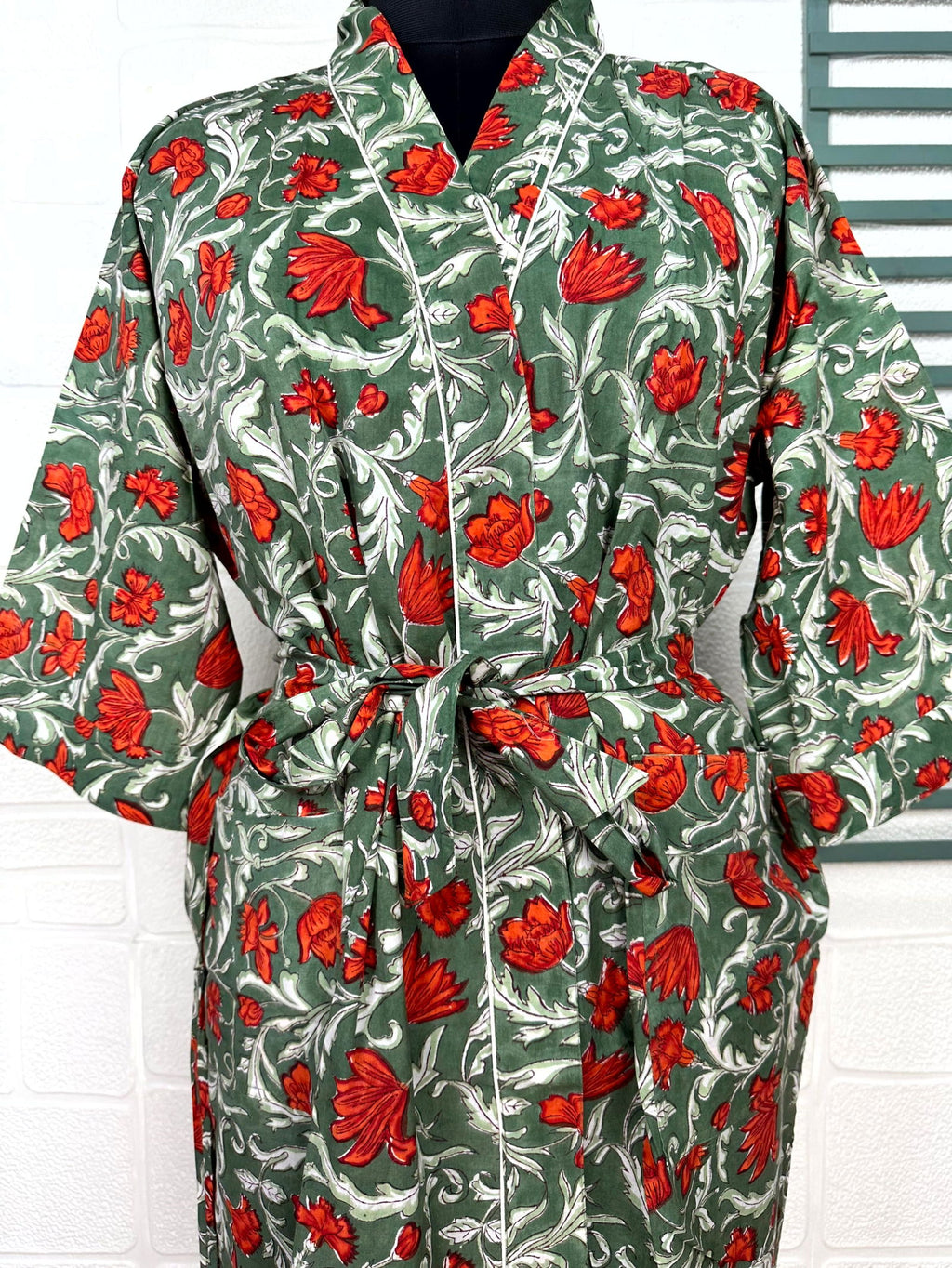 block-printed Cotton Kimono Robe in floral