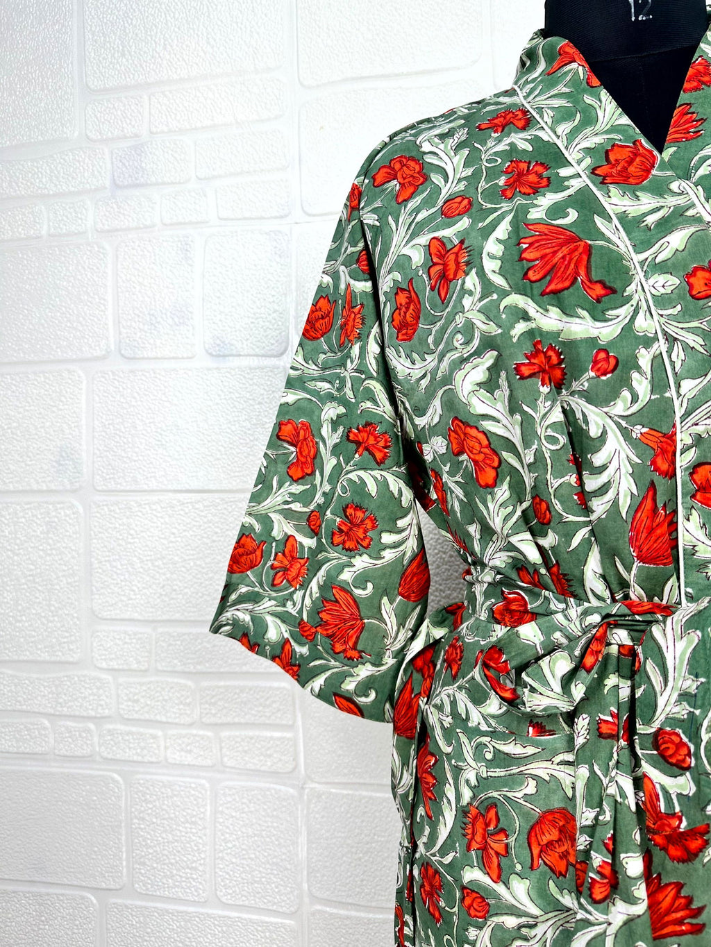 block-printed Cotton Kimono Robe in floral