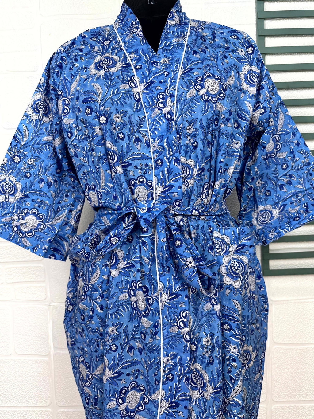block-printed Cotton Kimono Robe in floral