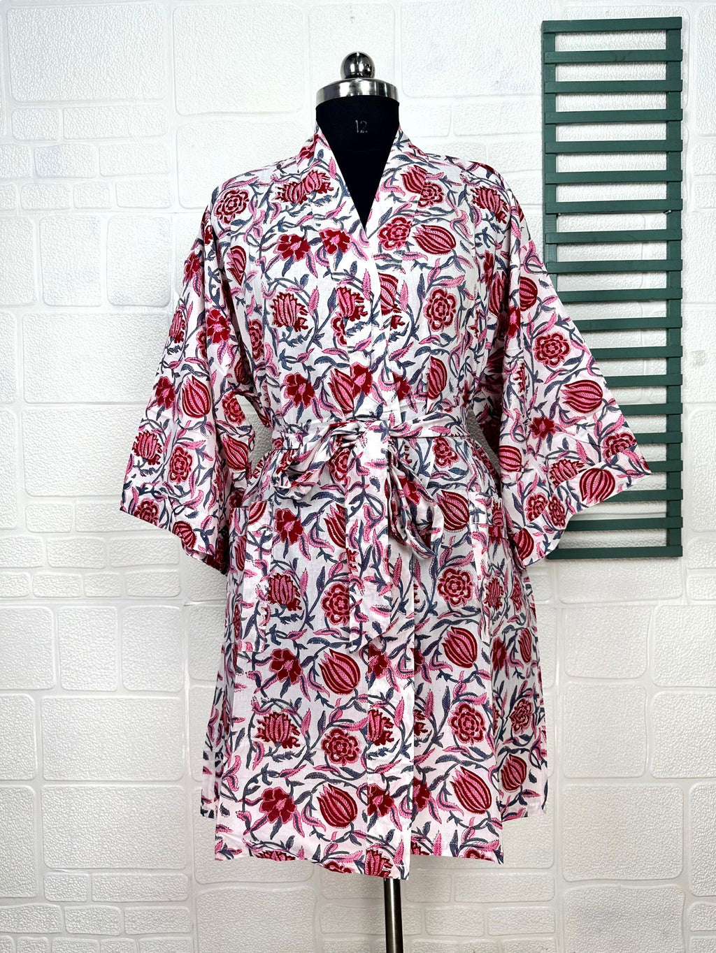 block-printed Cotton Kimono Robe in floral