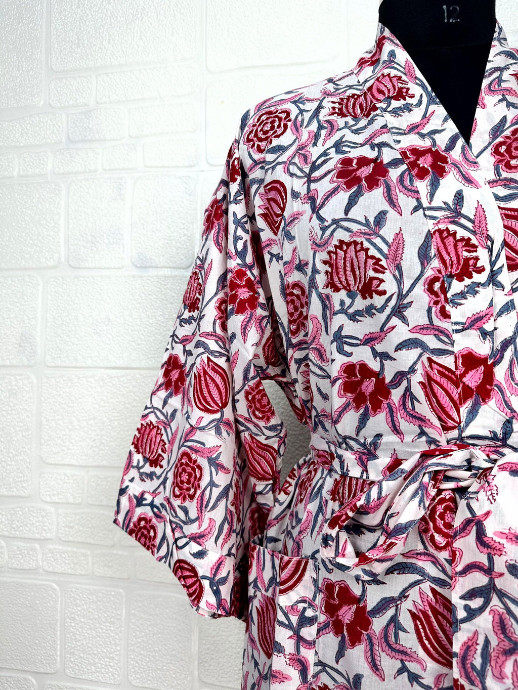 block-printed Cotton Kimono Robe in floral