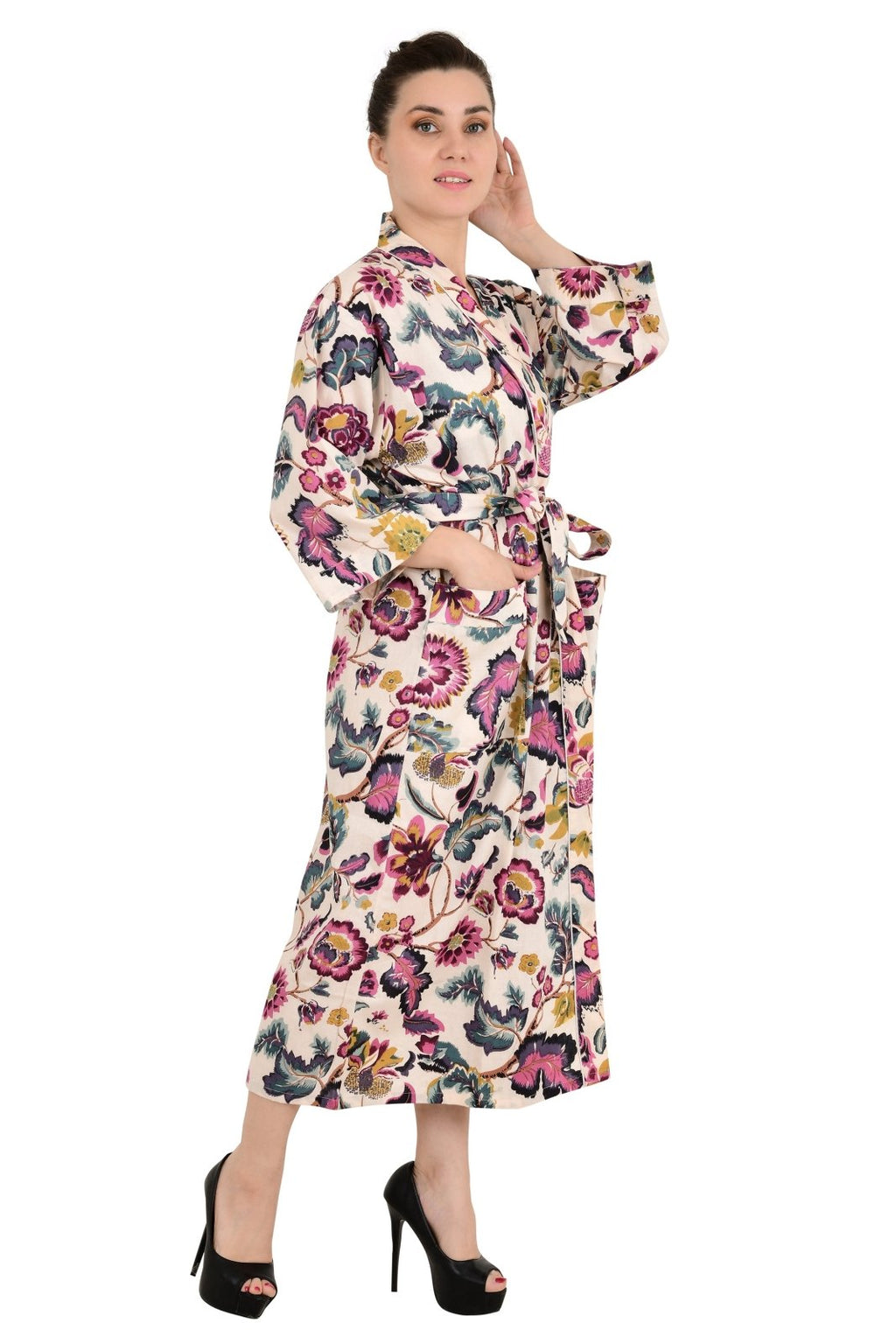 block-printed Cotton Kimono Robe in floral