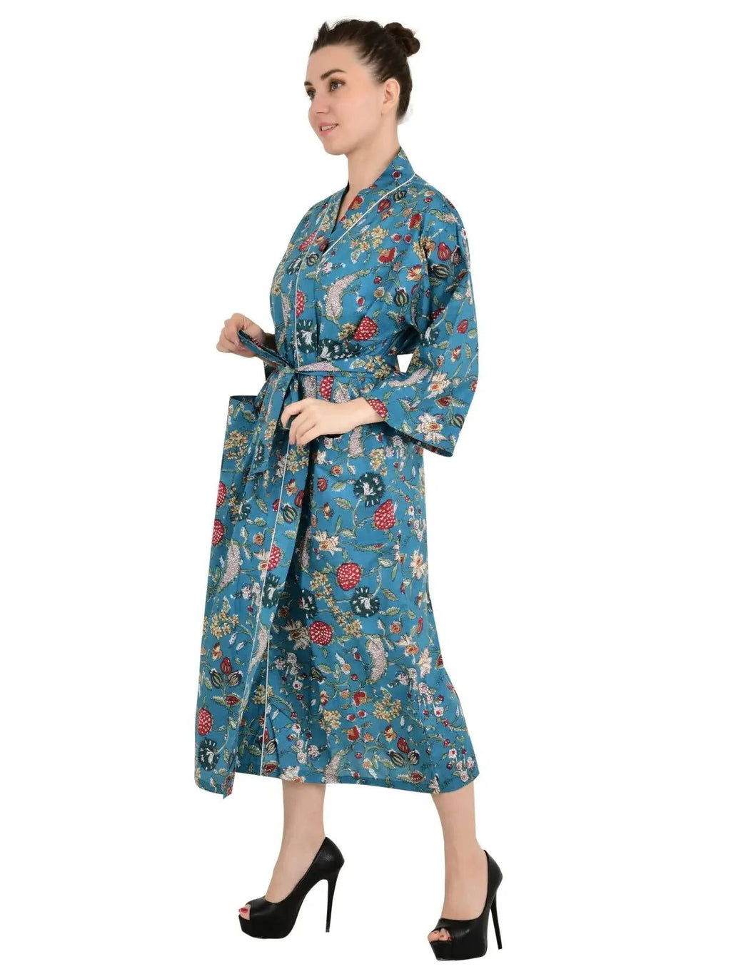 block-printed Cotton Kimono Robe in floral