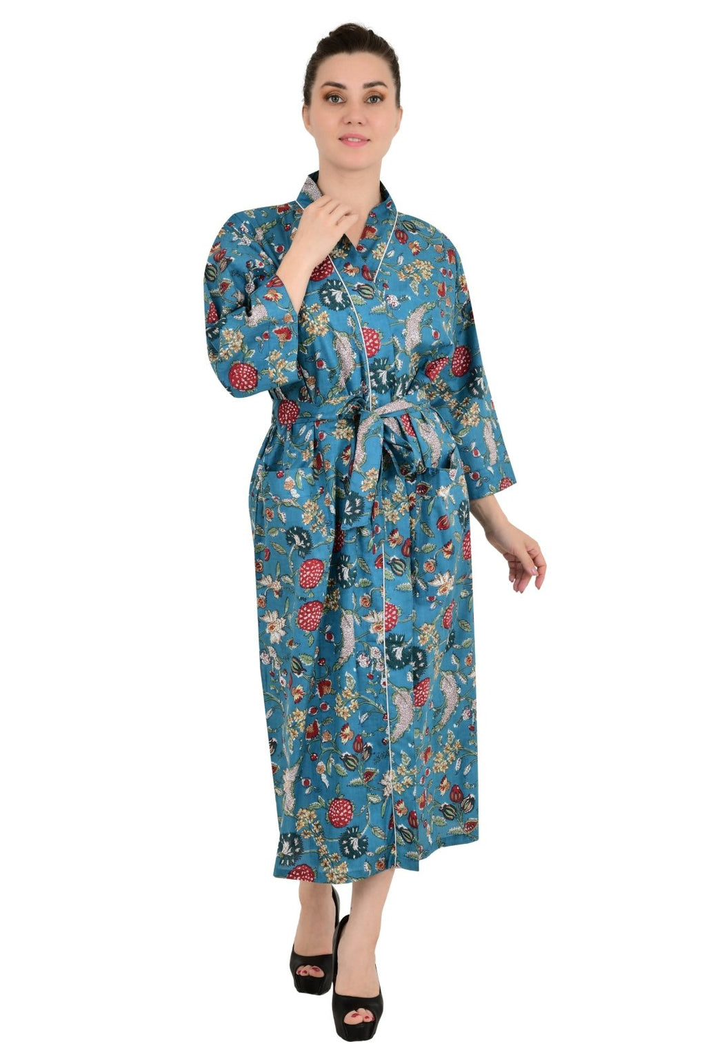 block-printed Cotton Kimono Robe in floral