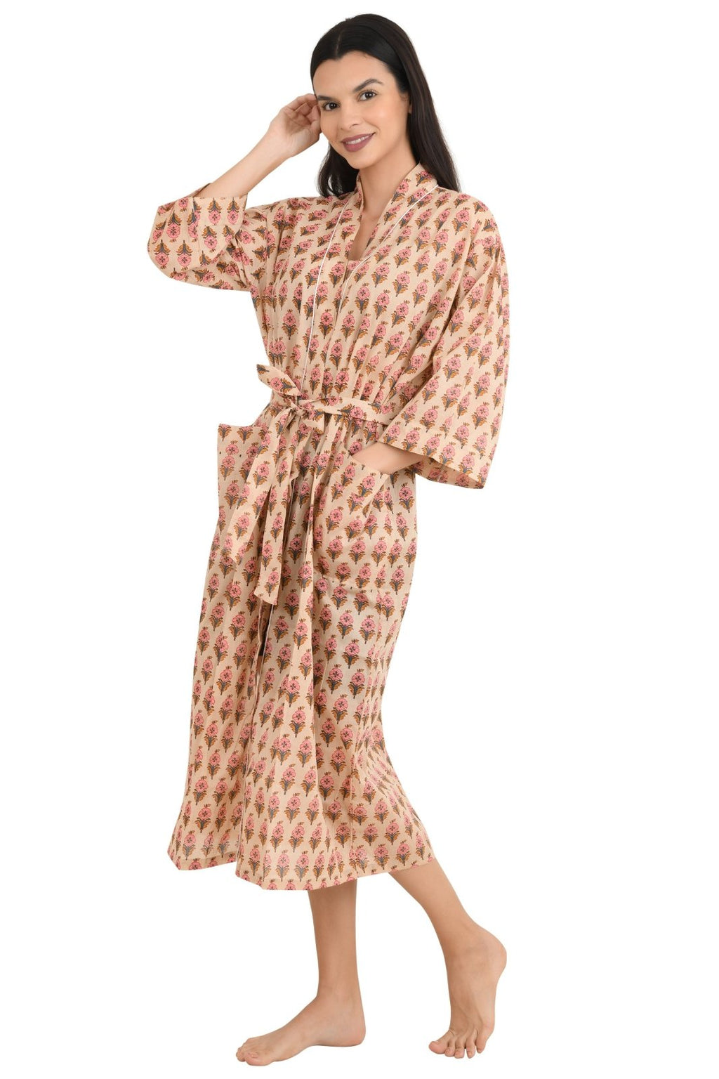block-printed Cotton Kimono Robe in botanical