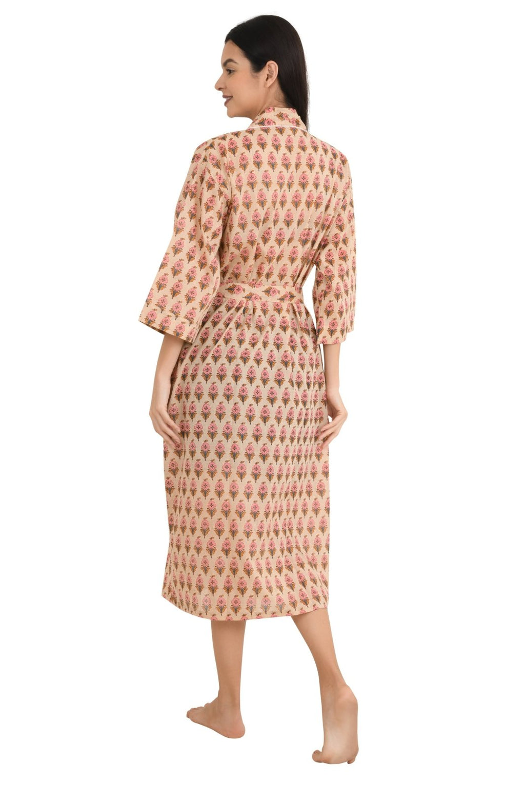 block-printed Cotton Kimono Robe in botanical