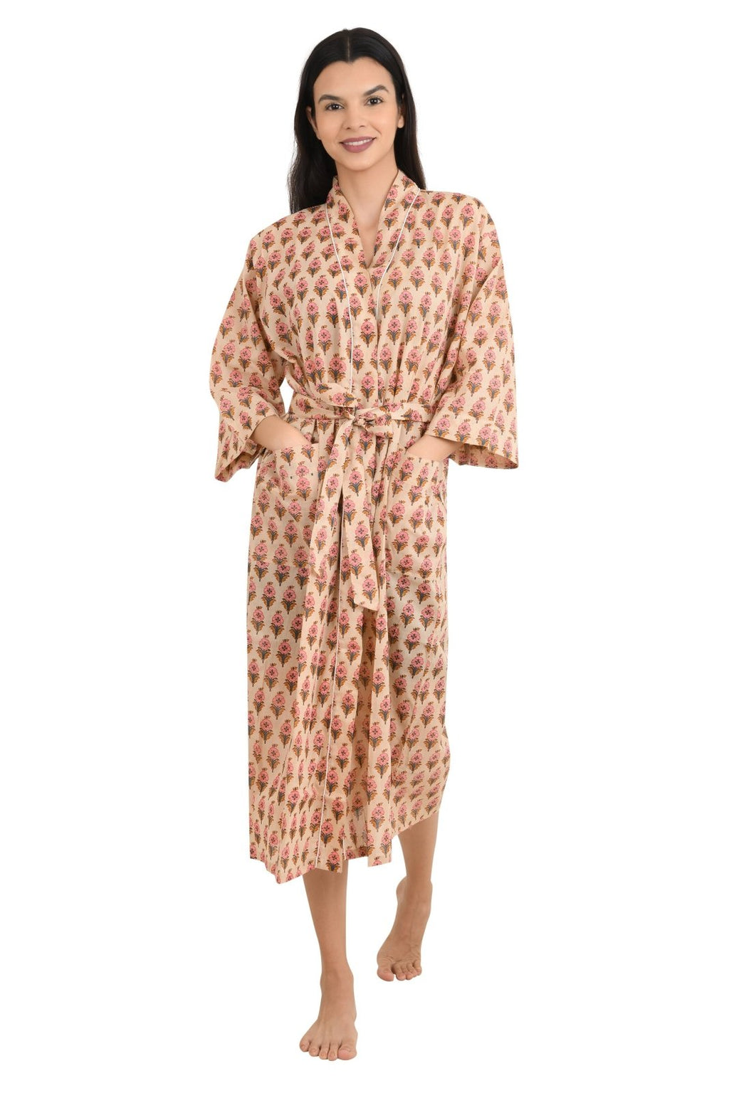 block-printed Cotton Kimono Robe in botanical