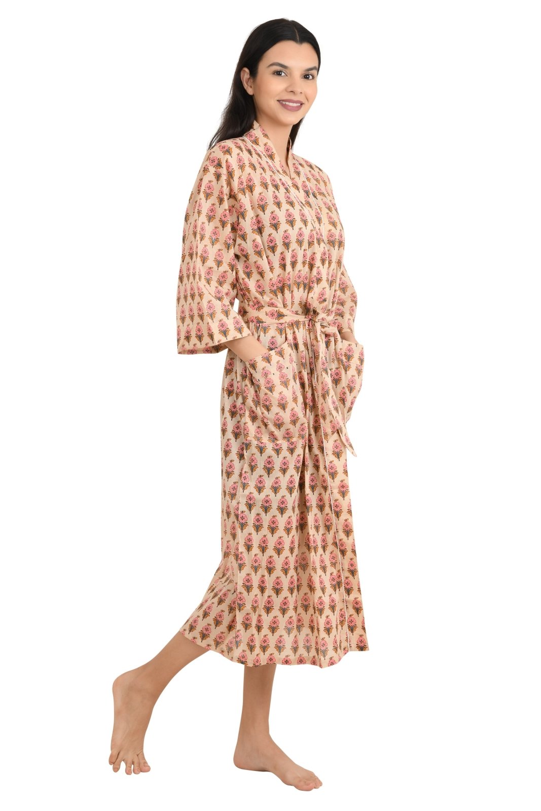 block-printed Cotton Kimono Robe in botanical